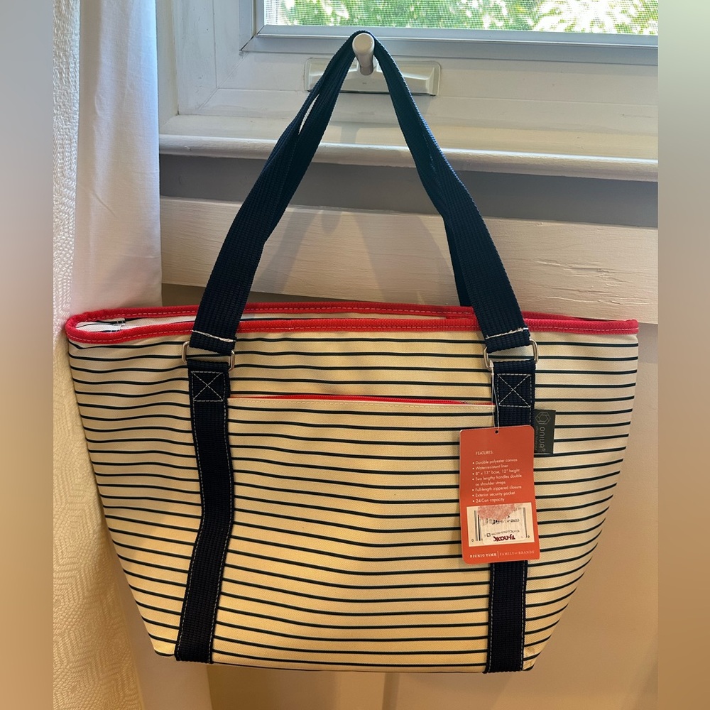 Striped Cooler Tote Bag - navy blue and White with Red Accents 8x13x12